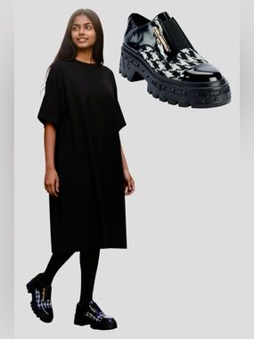 Karl Lagerfeld Black Patent & White Houndstooth Slip-On Lug Loafers